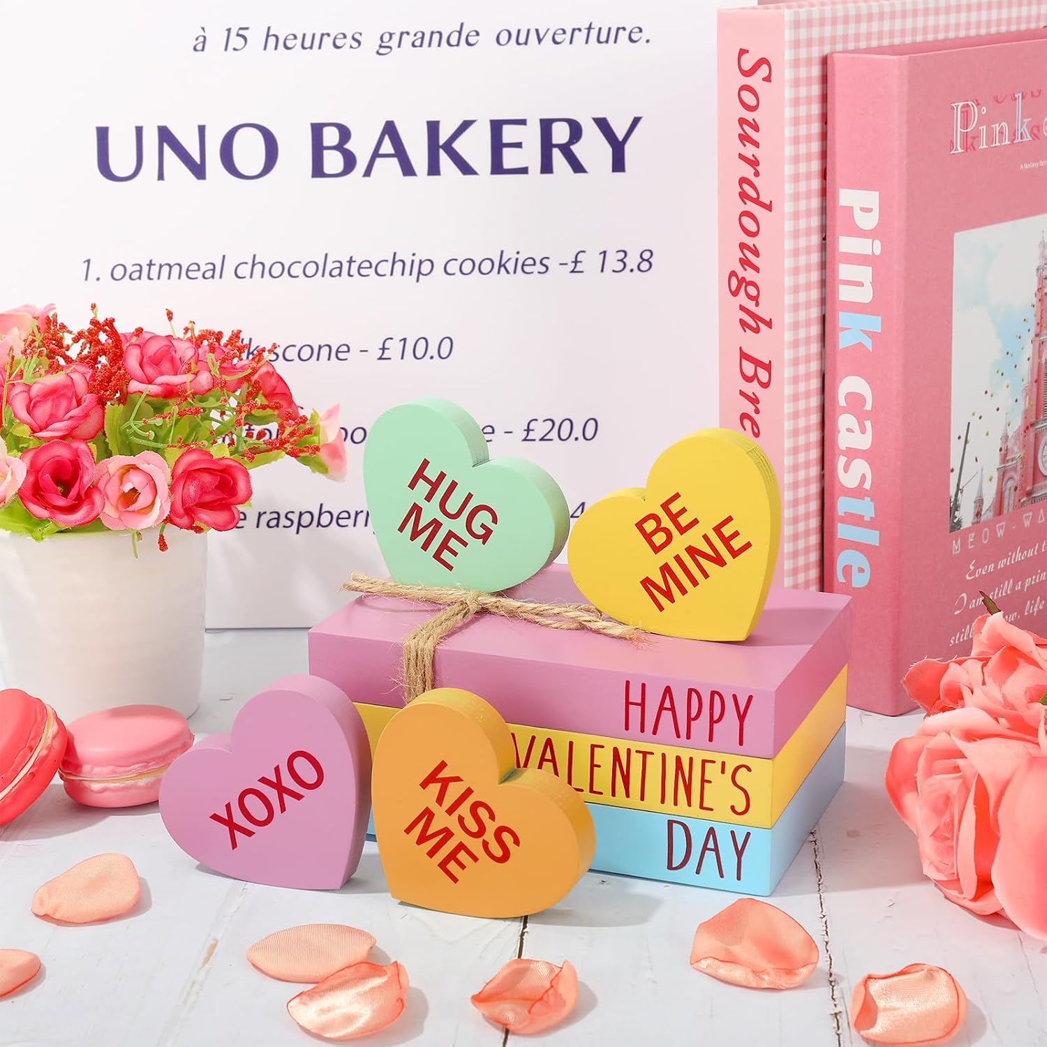 Faux Stacked Books Conversation Heart Tiered Tray Decor Candy Decorative Wooden / Valentine's Day