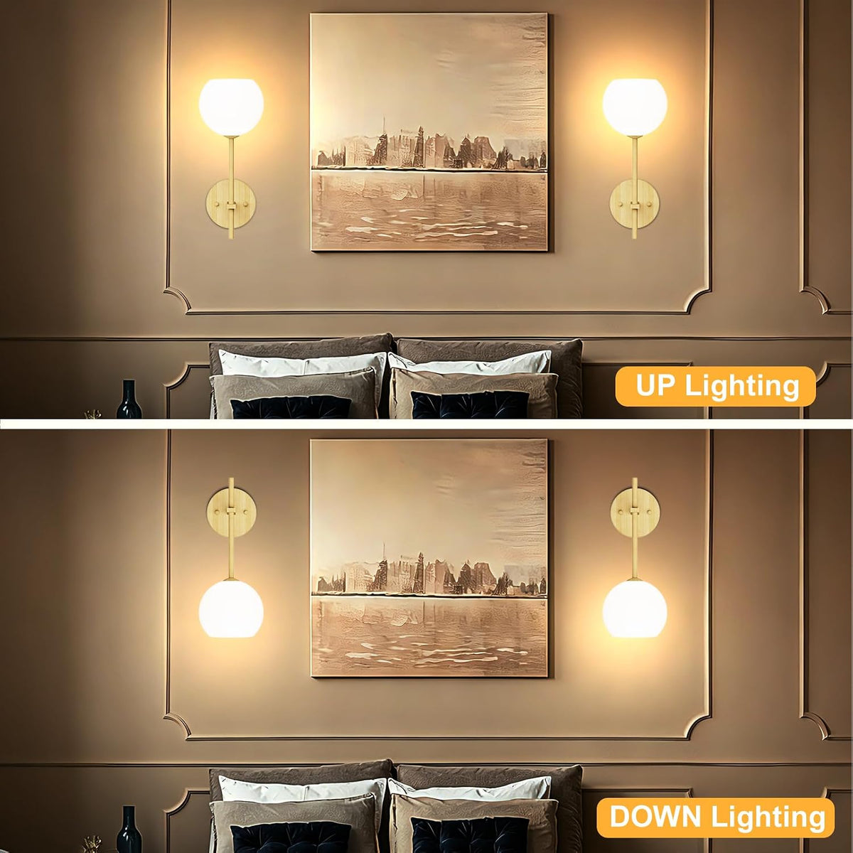 Wood Grain Battery Operated Wall Sconces Set of 2, Rechargeable Wireless Wall Lights with Milky White Frosted Glass, 12