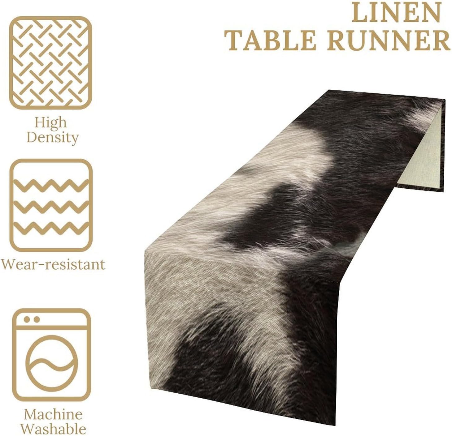 Cowhide Table Runner Black and White Milk Cow Western Style 3D Cow Fur Skin Texture Table Runner for Living Room