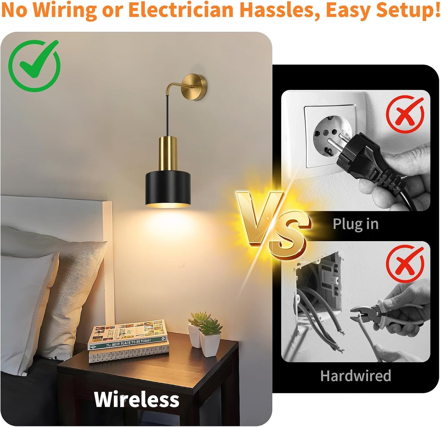 VerRon Rechargeable Wireless Battery Operated Wall Sconces Set of Two | Black & Gold Battery Powered Light with