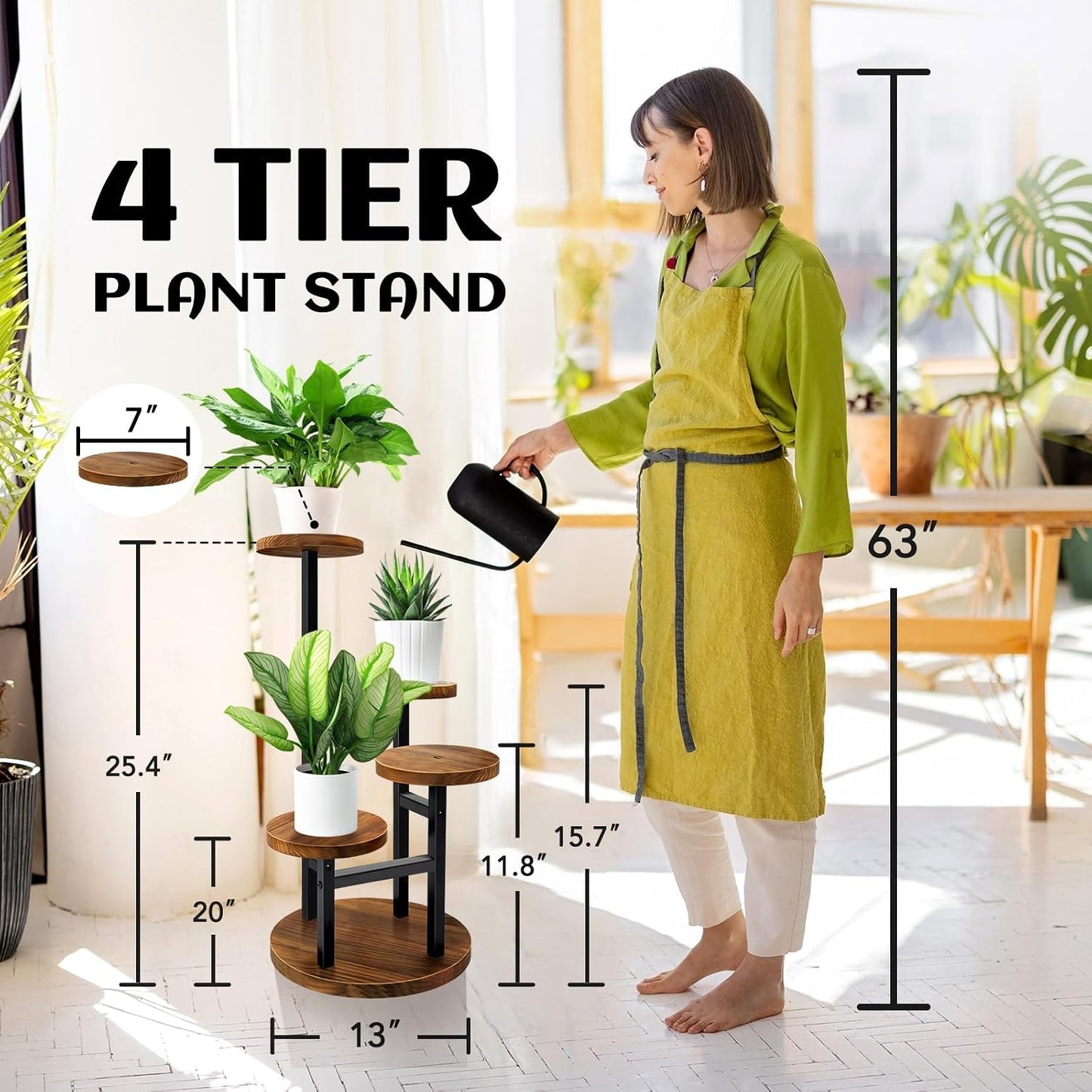 AUGOSTA 4 Tier Corner Plant Stand, Tall Metal Wood Plant Shelf Holder for Indoor, Outdoor Display Rack Flower Pot Stand
