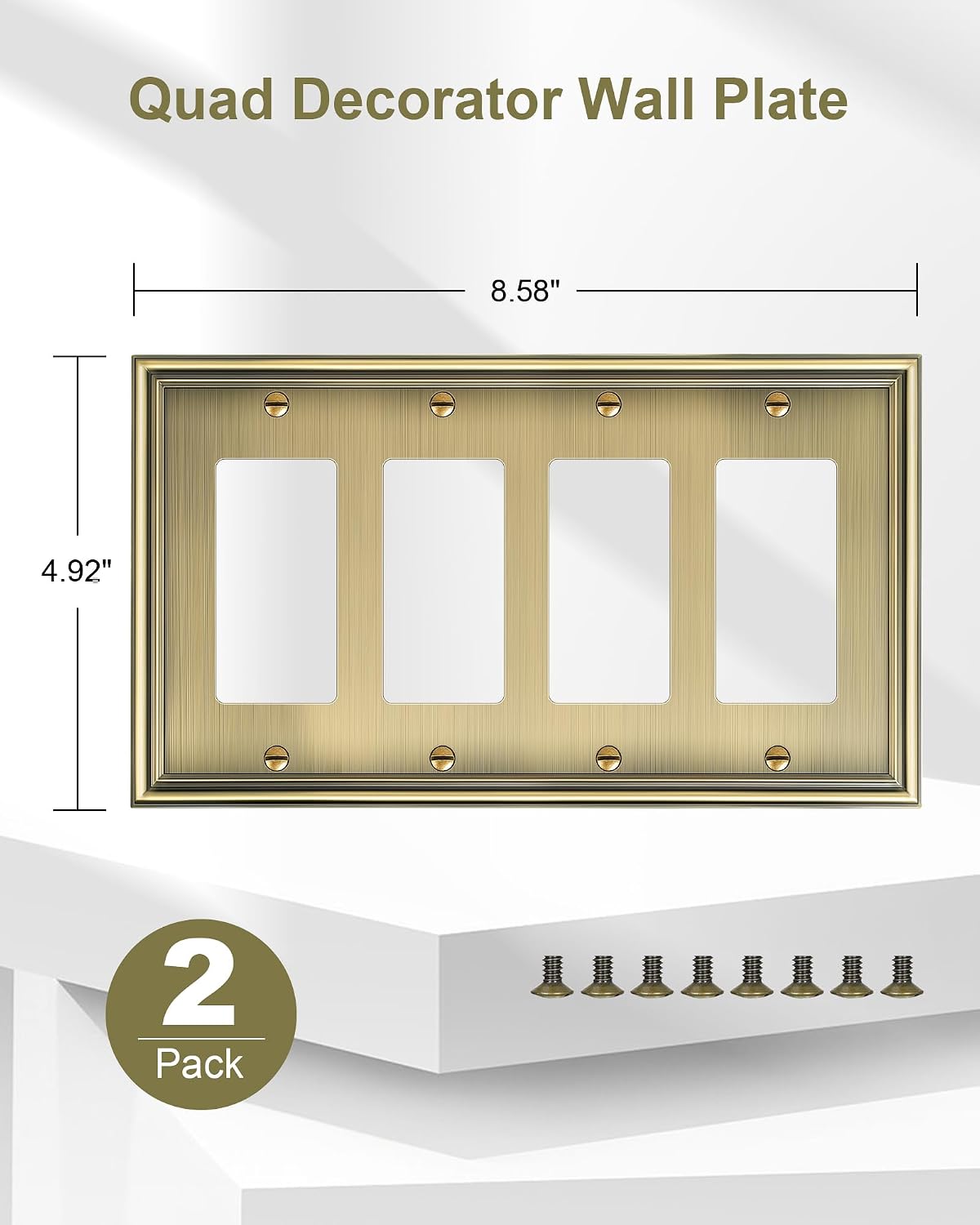 2-Pack Zinc Alloy Quad Decorator Outlet Cover Plate, Solid Wall Plates | Decorative Switch Plates and Outlet Covers, 4