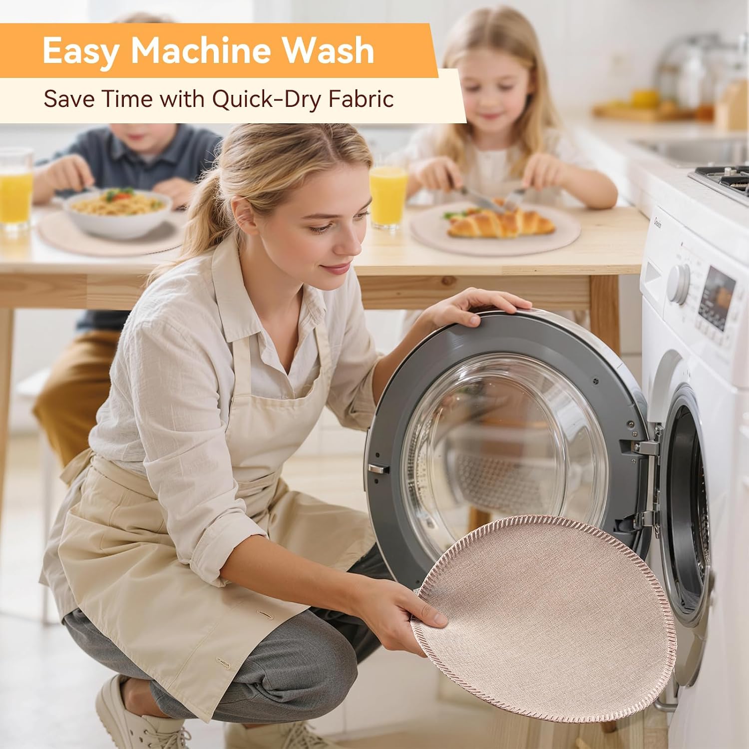 Round Placemats Set of 8 - Machine Washable Linen-Like Cloth Place Mats & Heat-Resistant for Dining Table - Ideal for