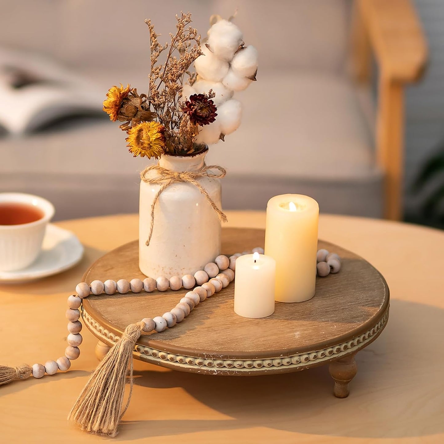 Beaded Vintage Wood Pedestal Risers Farmhouse Circle Display Holder for Coffee / Brown