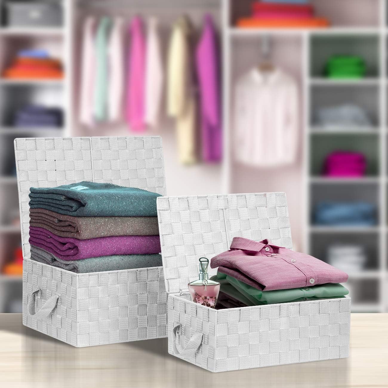 Linen Closet Organizers and Storage / Woven Lid Baskets - White / Set of 3