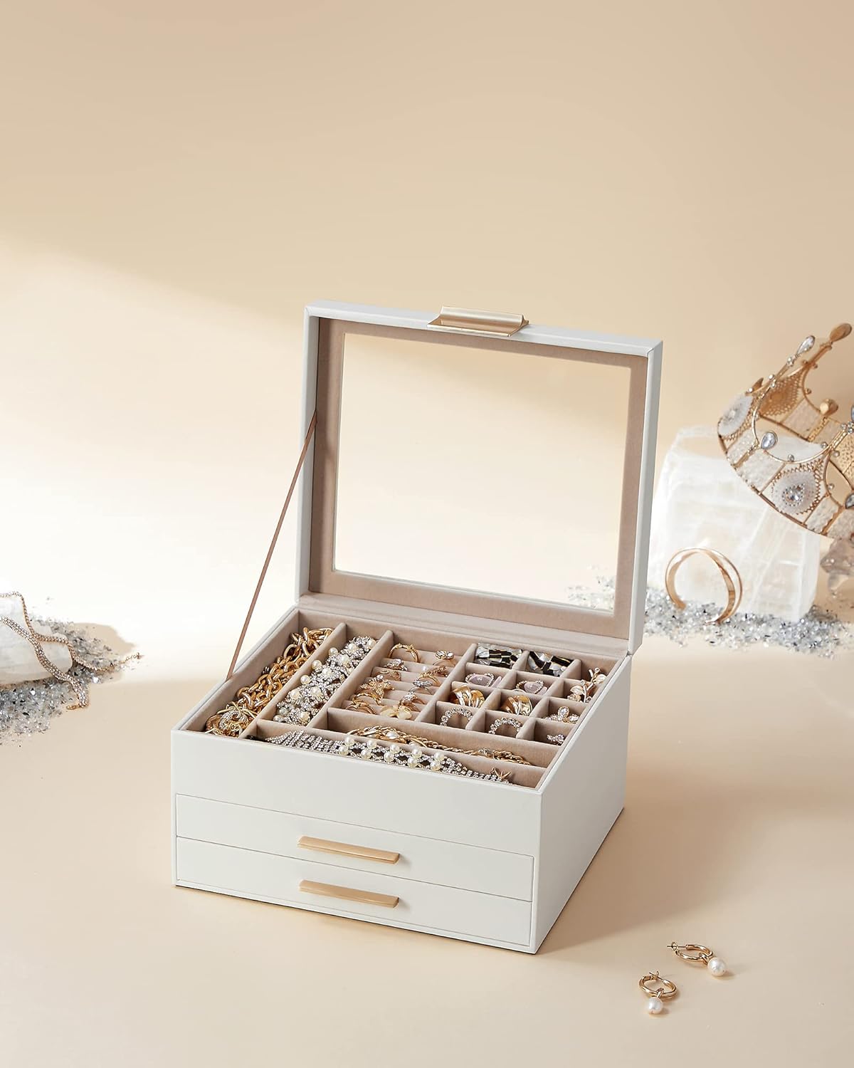 Jewelry Box Organizer / 3 Layer / Cloud White + Gold