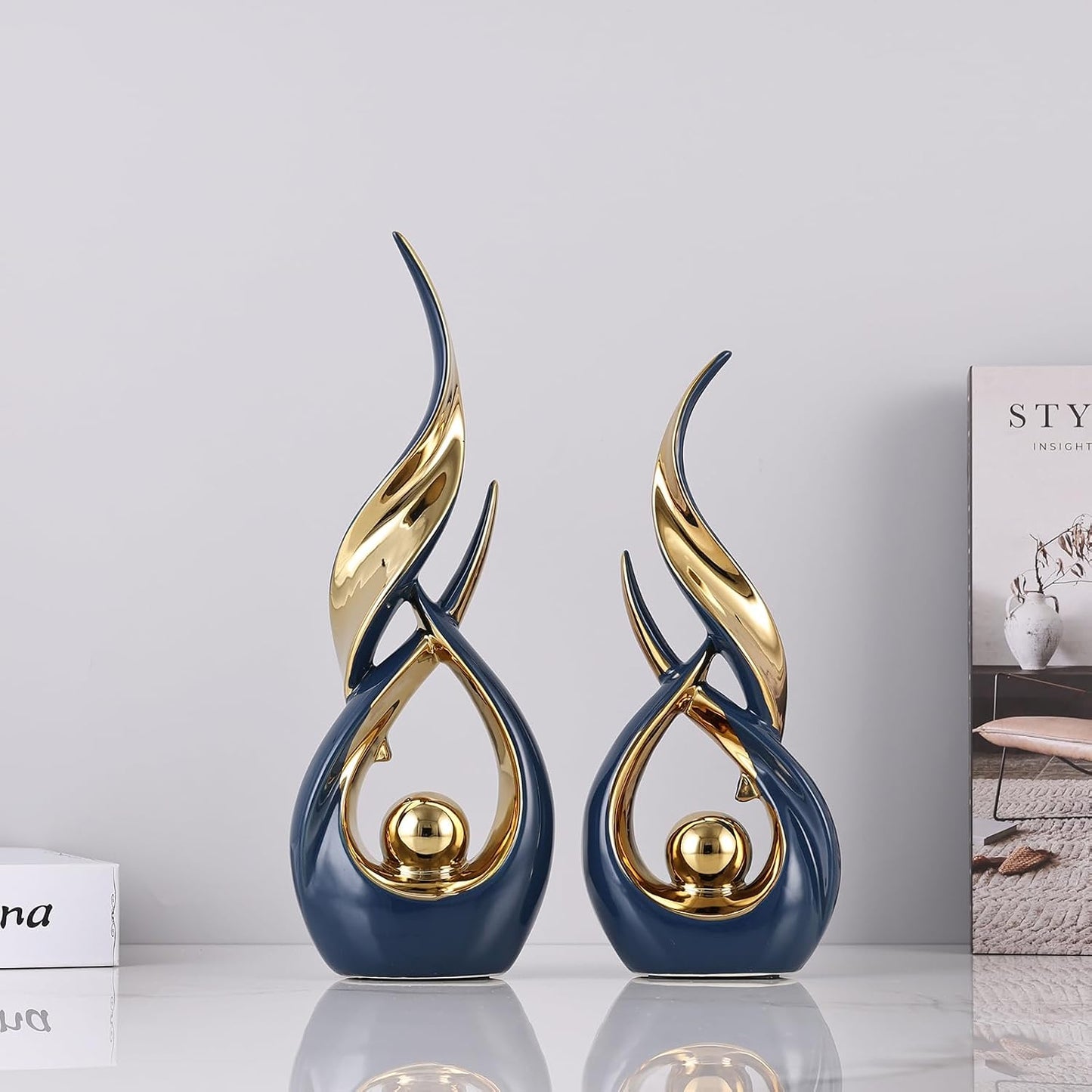 Ceramic Statues / Modern Abstract Art Sculptures / Blue Gold / Set of 2