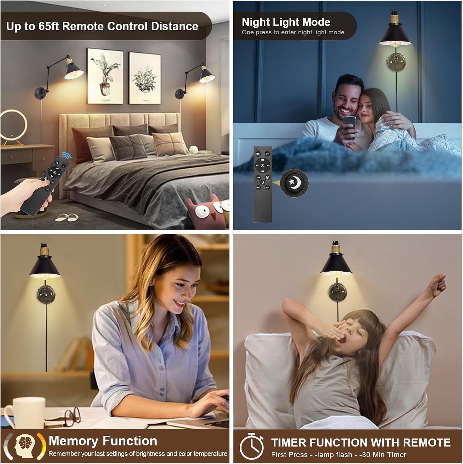TRLIFE Dimmable Wall Sconce, Remote Control Plug in Wall Sconces Dimming 10%-100% and Adjustable Color Temperature