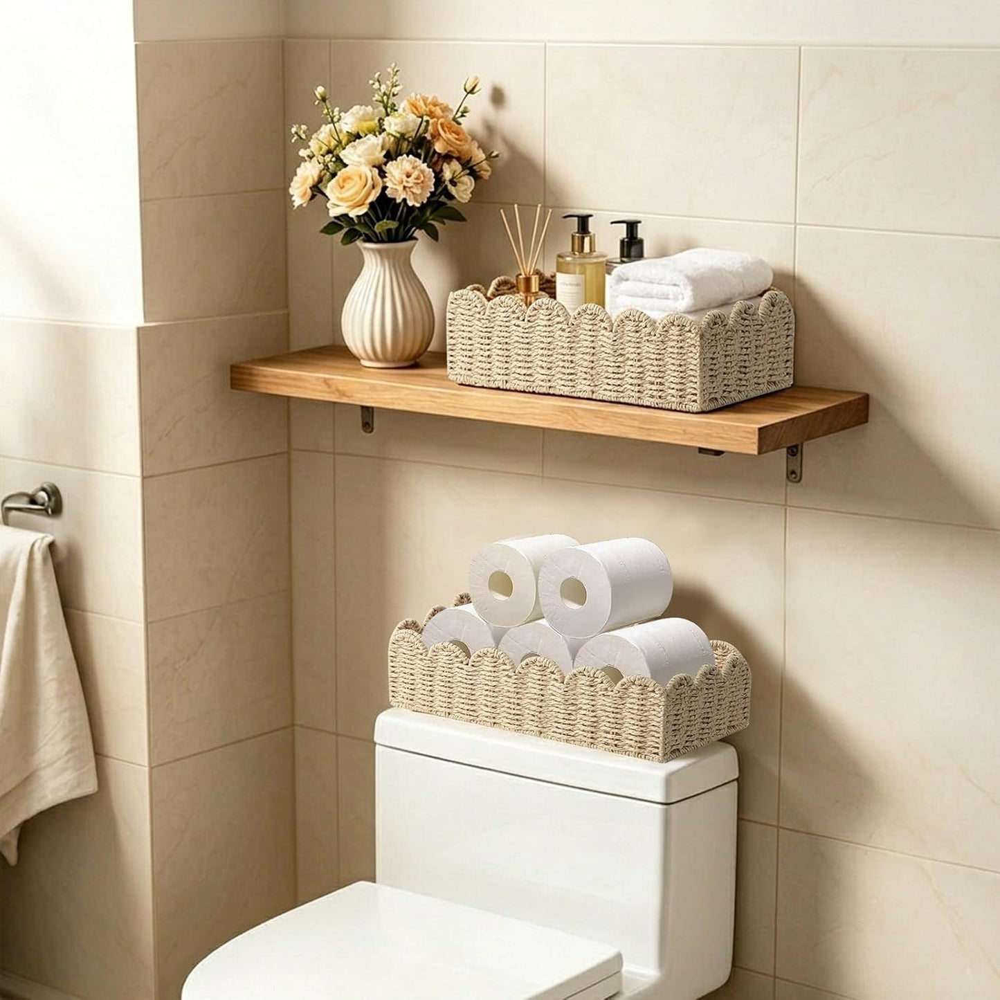 Scalloped Wicker Shelf Baskets / Beige M+L / Set of 2