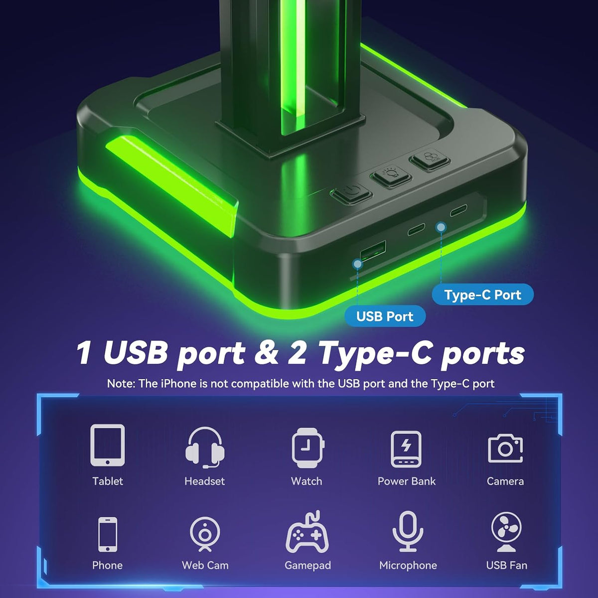 KDD RGB Gaming Headphone and Controller Stand with 2 Type-C and 1 USB Ports | Headset Stand with 9 Light Modes, Headset