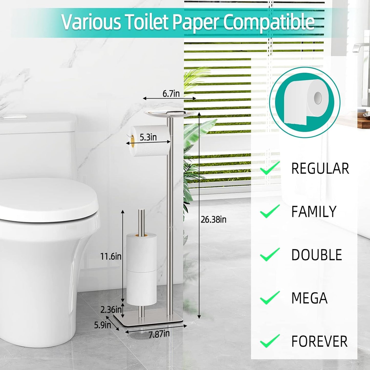 FEILERN Toilet Paper Holder Stand for Bathroom Floor Standing Toilet Roll Dispenser Storages 4 Reserve Rolls, with Top