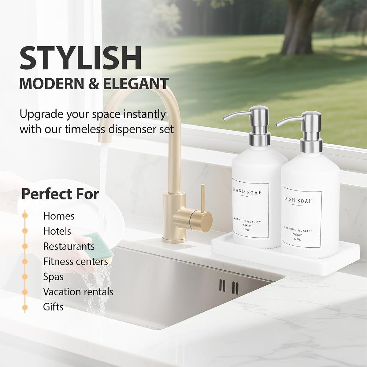 White Glass Soap Dispenser for Kitchen, Dish and Hand Soap Dispenser with Silver Stainless Steel Pump, Modern Kitchen