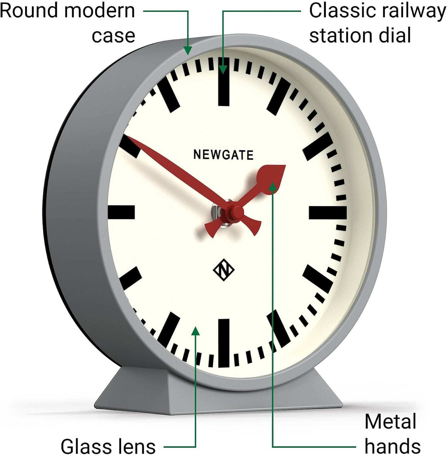 NEWGATE® M Mantel Railway Desk Clock | Modern Round Station Clock Design | Gray | Contemporary Style for Desk, Table