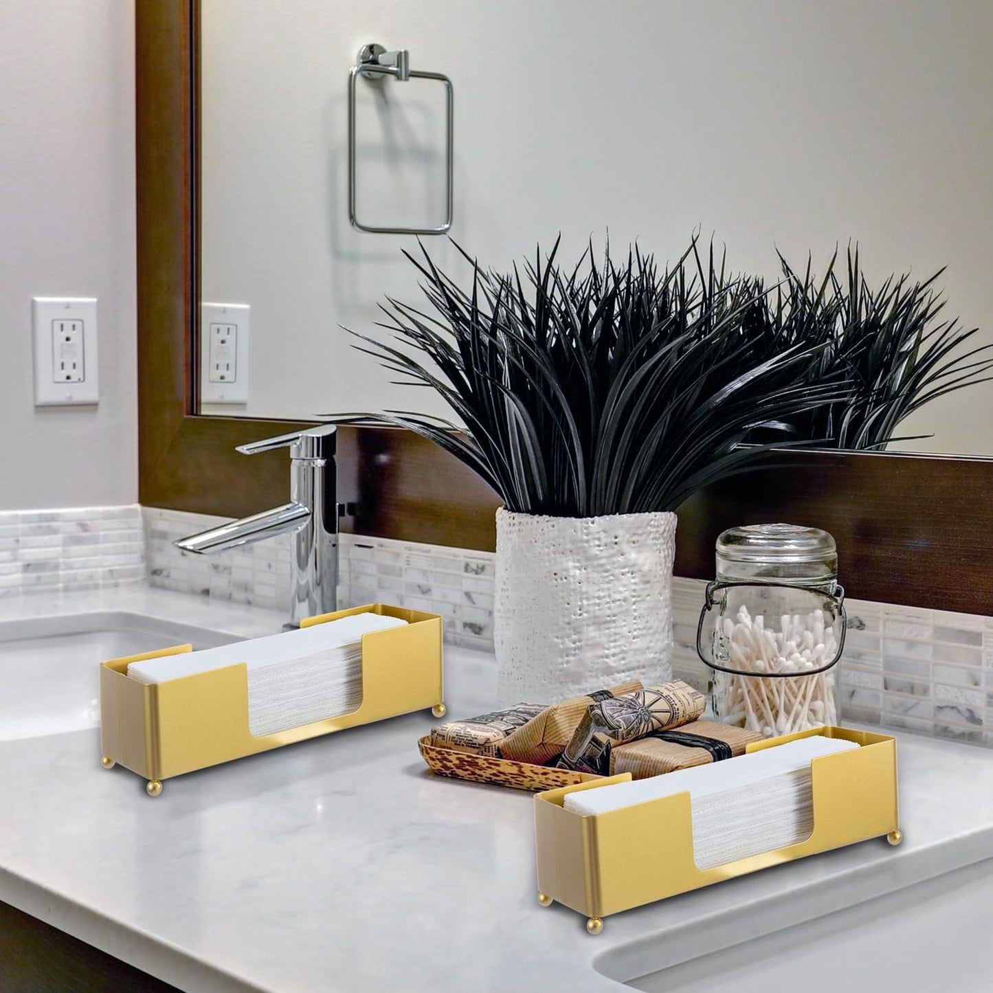 MyGift Brass Tone Metal Hand Towel Holder Countertop Dispenser Set of 2 | Fits Trifold C Fold Z Fold Towels, Countertop