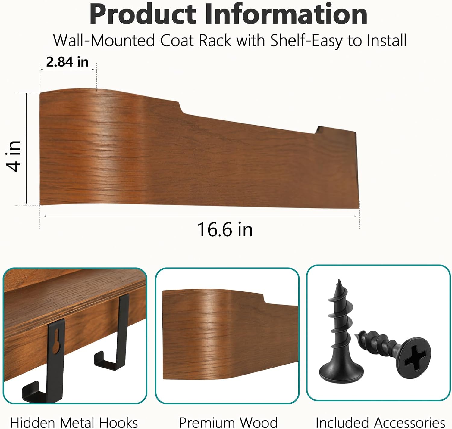 Coat Rack Wall Mount with Hidden Hooks Modern Key Holder Wood Entryway Hook with Shelf for Bedroom Kitchen Hallway