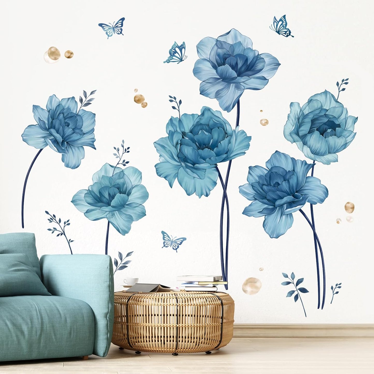 Large Flowers Wall Stickers Peony Floral Plants Butterfly Peel and Stick Wall Art Decals / Blue