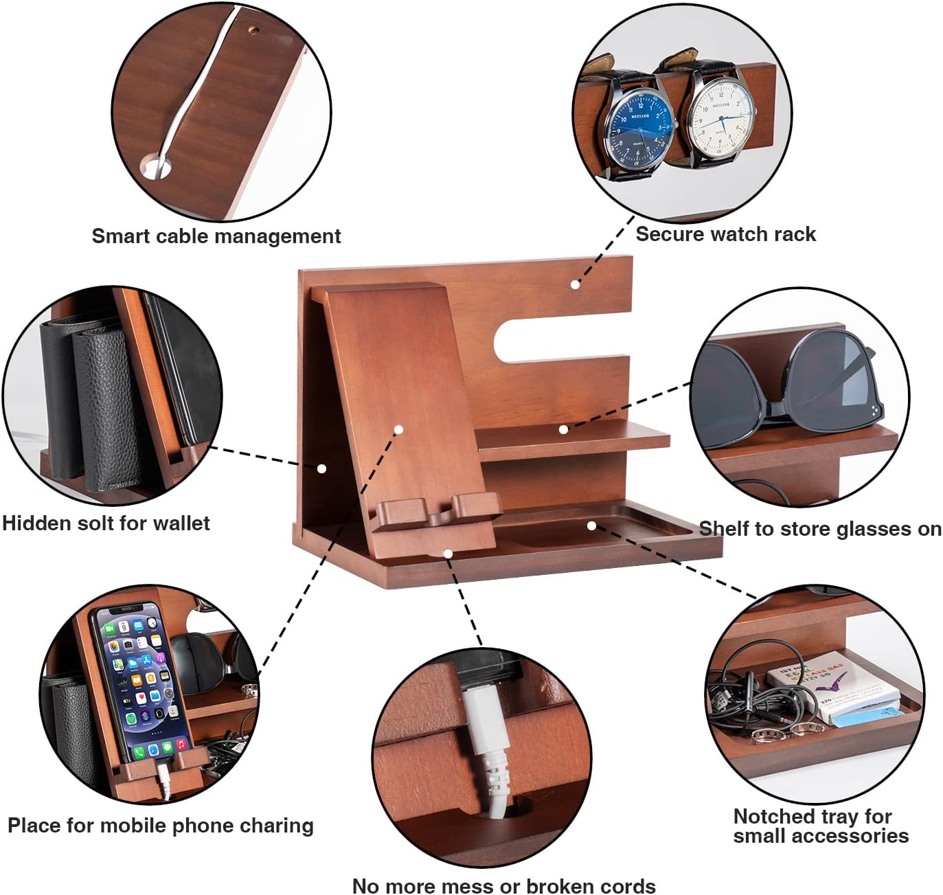 Wood Phone Docking Station - Gifts for Men Desk or Nightstand Organizer - Birthday Gifts for Husband, Fathers Day for