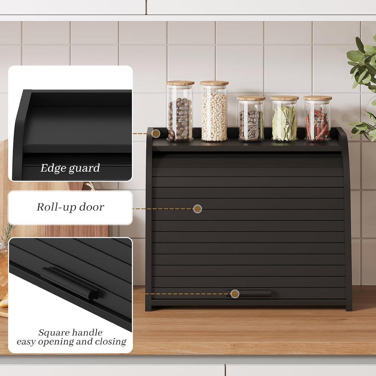 Kitsanery Bread Box for Kitchen Countertop, Bamboo Bread Storage, Double-Layer Roll-Top Bread Container, Farmhouse