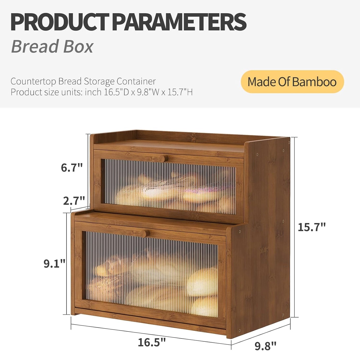 Double Layer Bamboo Bread Box for Kitchen Counter,Bread Holder,Countertop Bread Storage with Window (Brown)