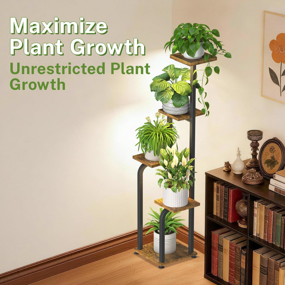 iDavosic.ly Tall Plant Stand Indoor with Grow Lights & Wooden Trays, Brown | 4 Tier Multiple Flower Holder Shelf, Space