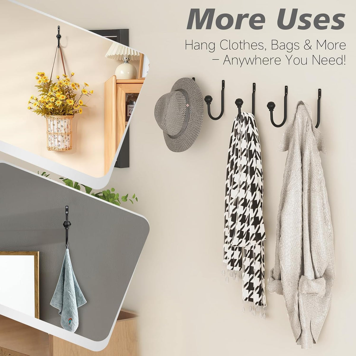 Hion Curtain Holdbacks Black 6pcs, Curtain Tiebacks Wall Mounted Hooks | Curtain Holders for Drapes, One-Piece Metal