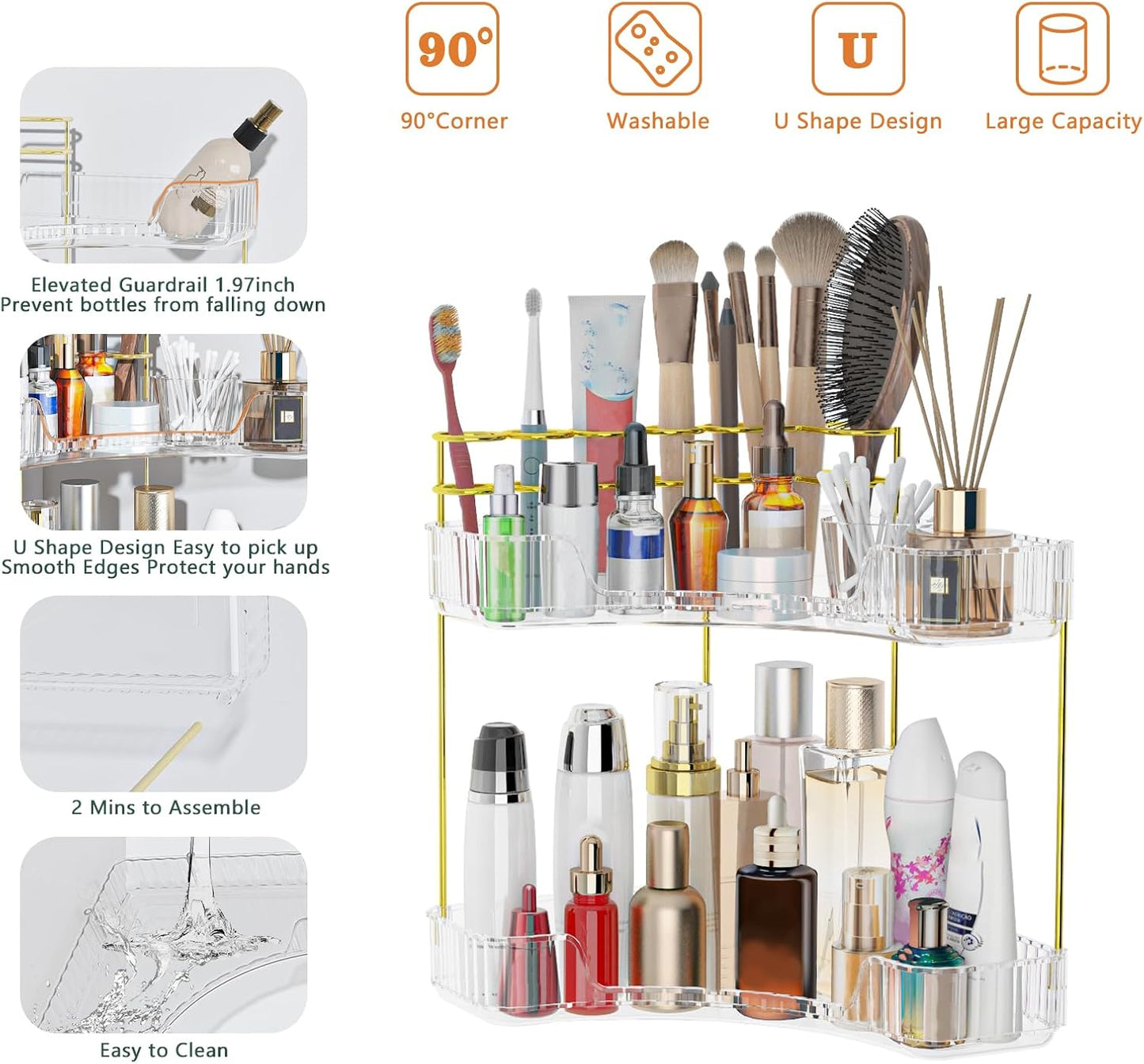 Webetop Corner Makeup Organizer 2 Tier Bathroom Storage with Brush Holder | Space-saving Corner Fit, Clear Acrylic