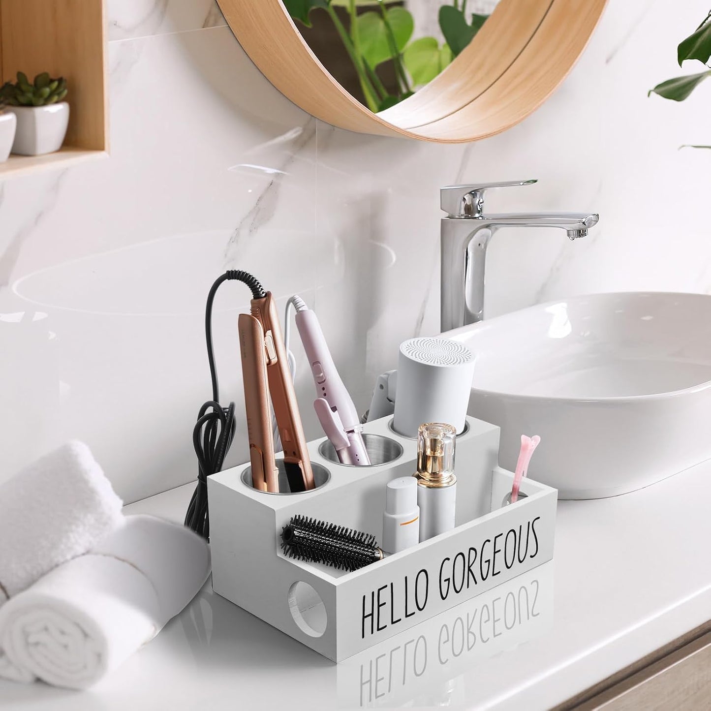 Bivvclaz Hair Tool Organizer, Wooden Hair Dryer Holder Countertop, Wall Mount Hot Tools Organizer for Hair Styling