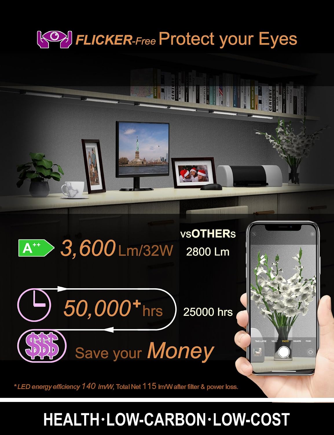 EBD LED Under Shelf Lighting 4-Way 1.2m Splitter Parallel Cabinet Lighting Built-in Adjustable Cable Counter Light Bar