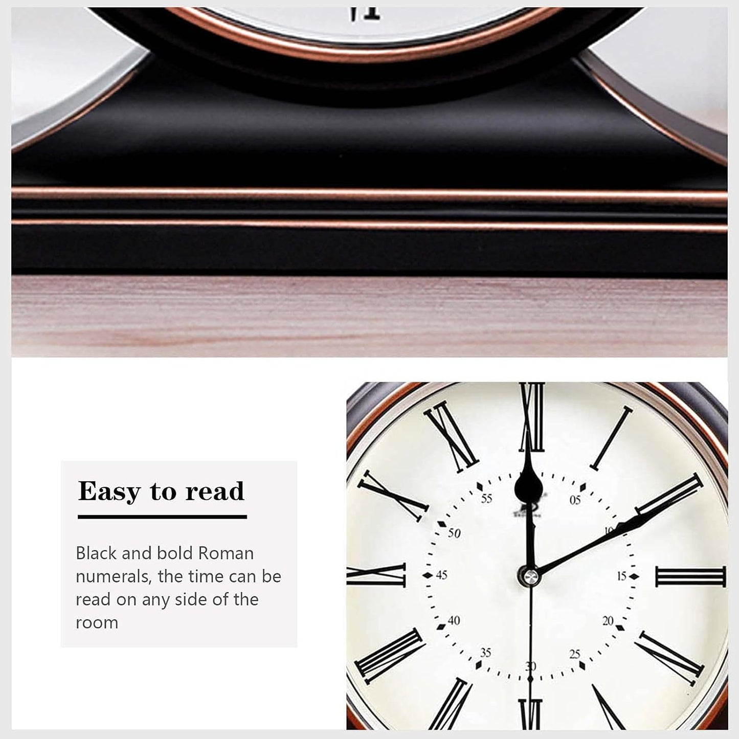 Silent Vintage Farmhouse Mantel Clock for Living Room 10-inch | Desk Clock Battery Operated for Table
