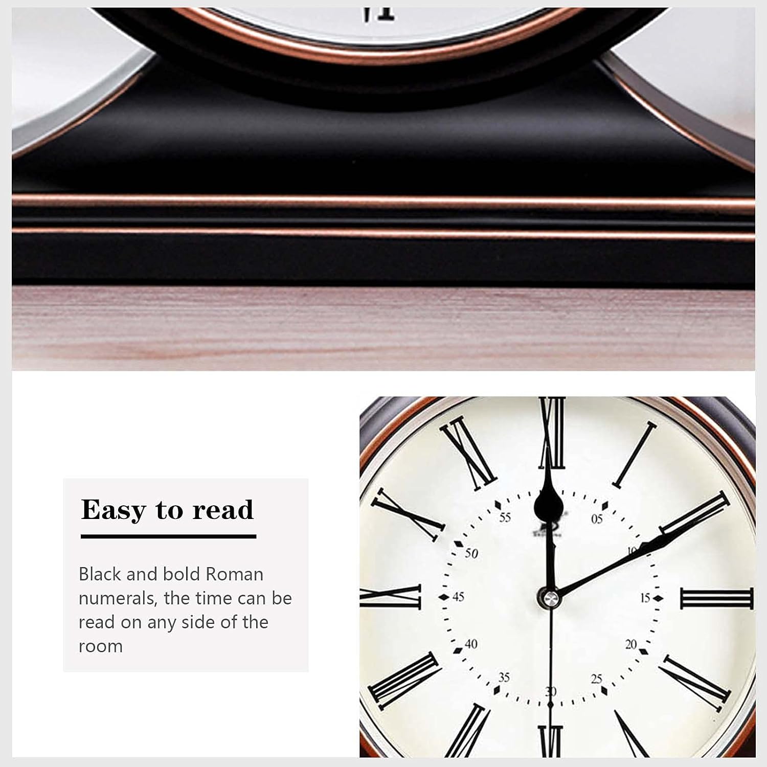 Silent Vintage Farmhouse Mantel Clock for Living Room 10-inch | Desk Clock Battery Operated for Table