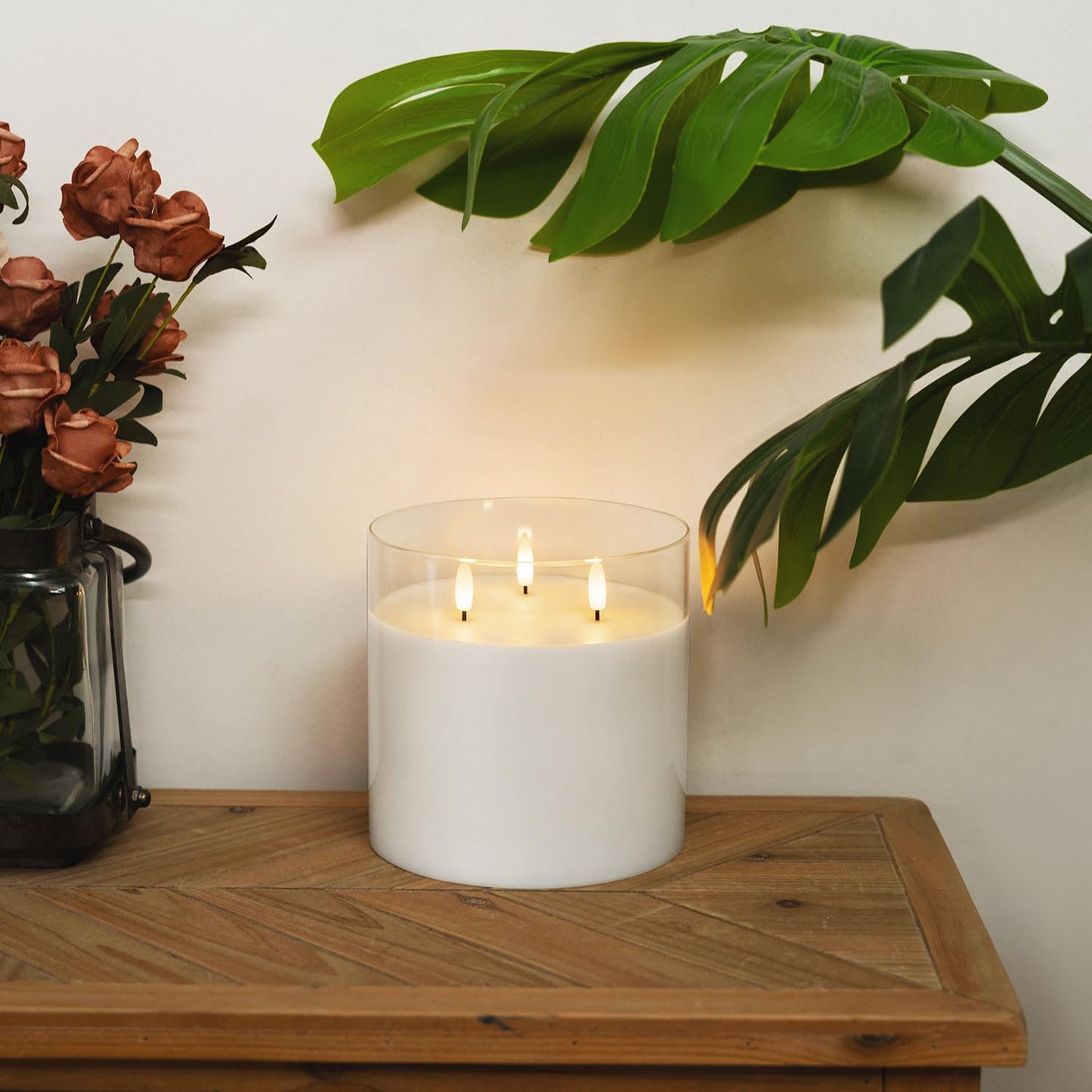 Homemory Pure White Large Glass Flameless LED Candle, 3 Wicks, Remote Timer | 6"x6", real wax, battery operated
