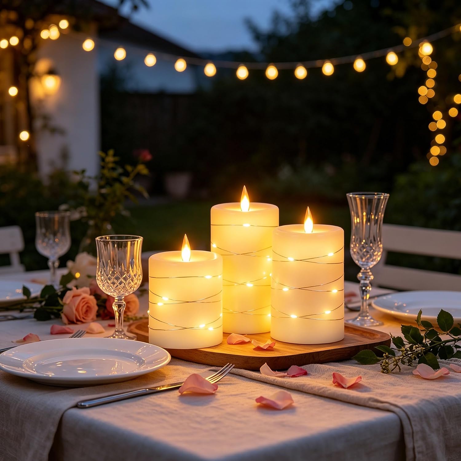 Da by 3 Pack Ivory Real Wax Flameless Taper Candles, Lifelike Flickering LED Flame Candles with Surrounding Copper
