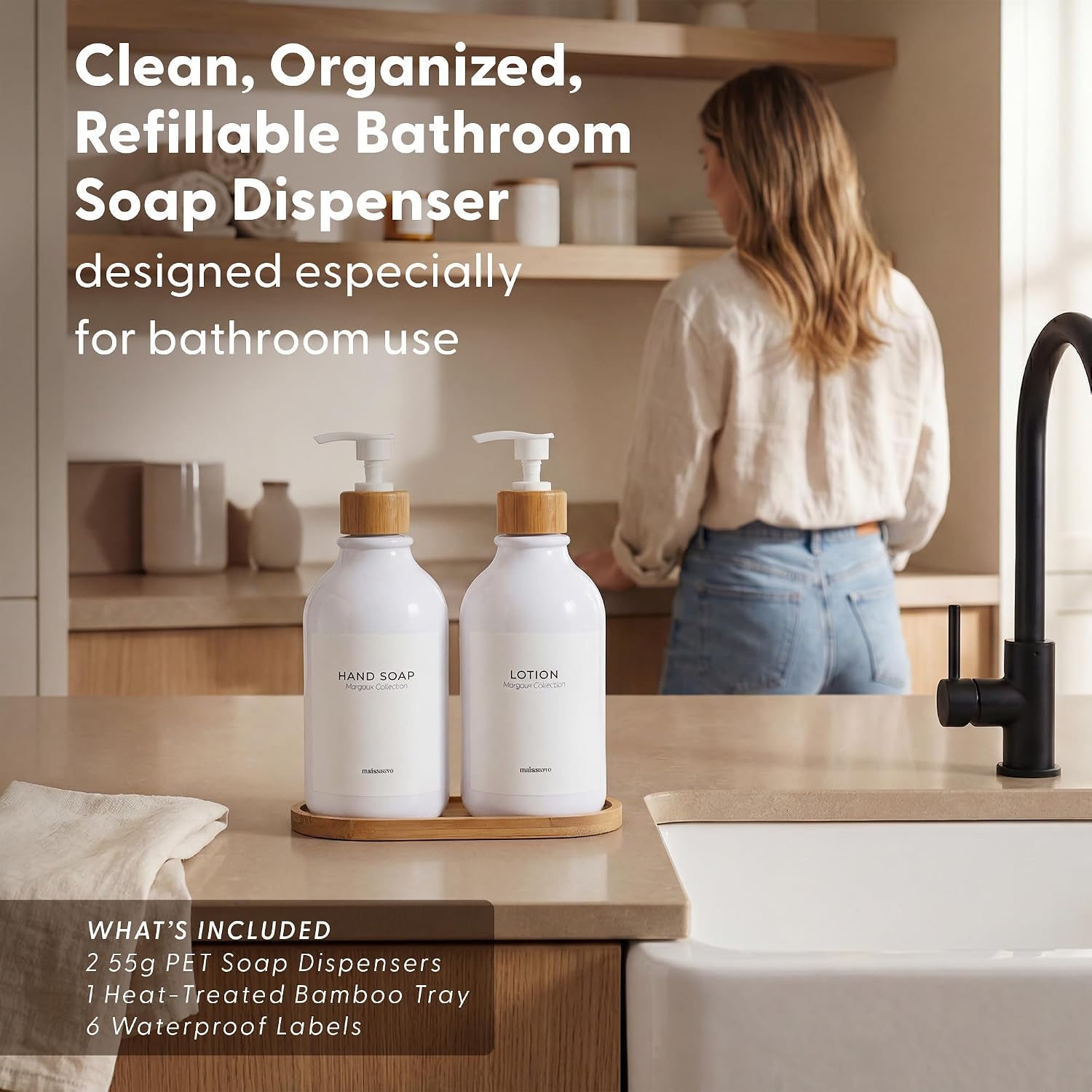 MaisoNovo Soap Dispenser Bathroom Set of 2-16.9 oz Bathroom Soap Dispenser Set - White Plastic Bottles x 2 with White