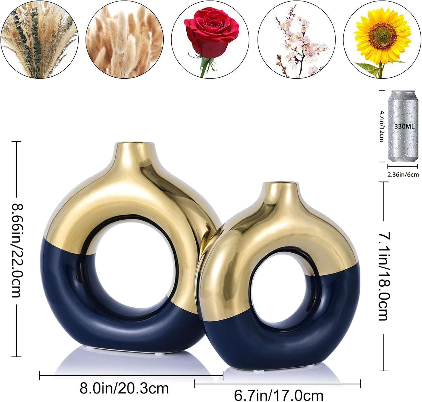 Modern Matte Ceramic Vases for Entryway Living Room / Blue and Gold / Set of 2