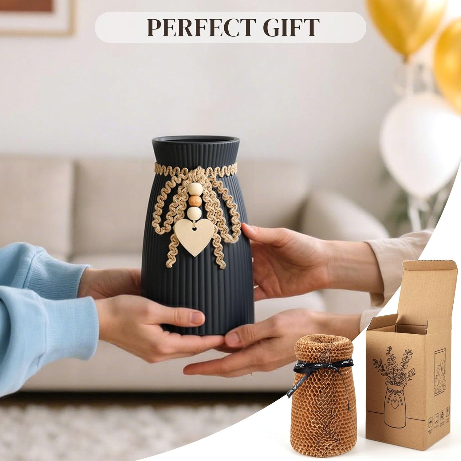 Ceramic Vase / 6.3" Tall Boho Ribbed Vase for Pampas Grass / Black