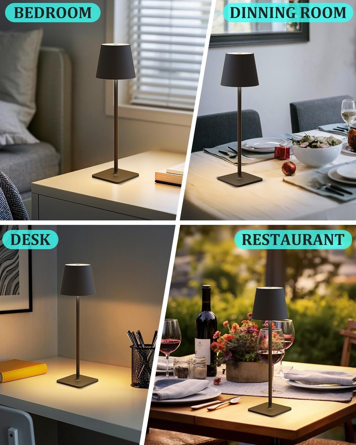 Fizrice Rechargeable Table Lamp 2 Pack Cordless Battery Operated, Black | IP65 waterproof wireless design with