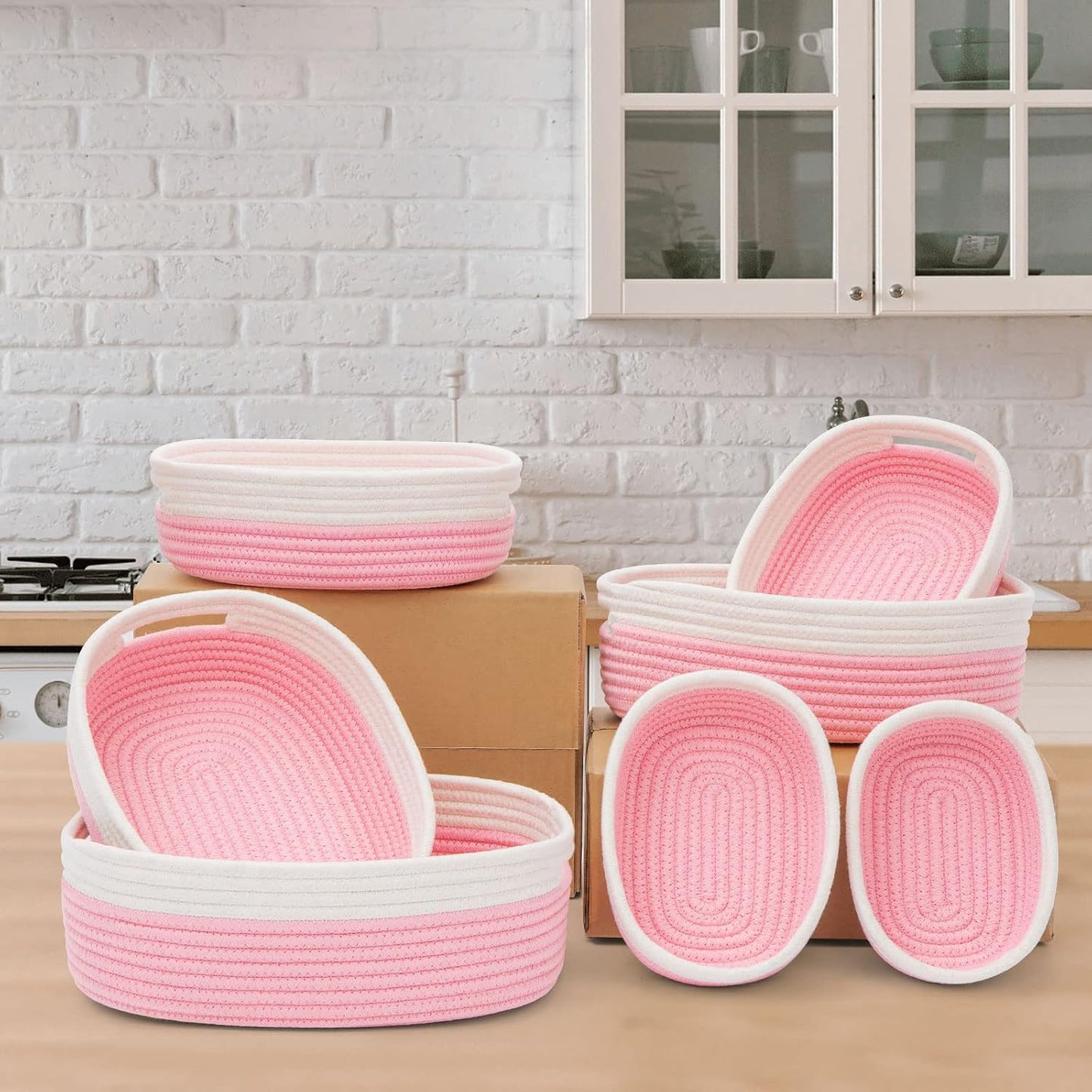 7 Piece Cotton Rope Woven Basket Set / OFF WHITE & PINK