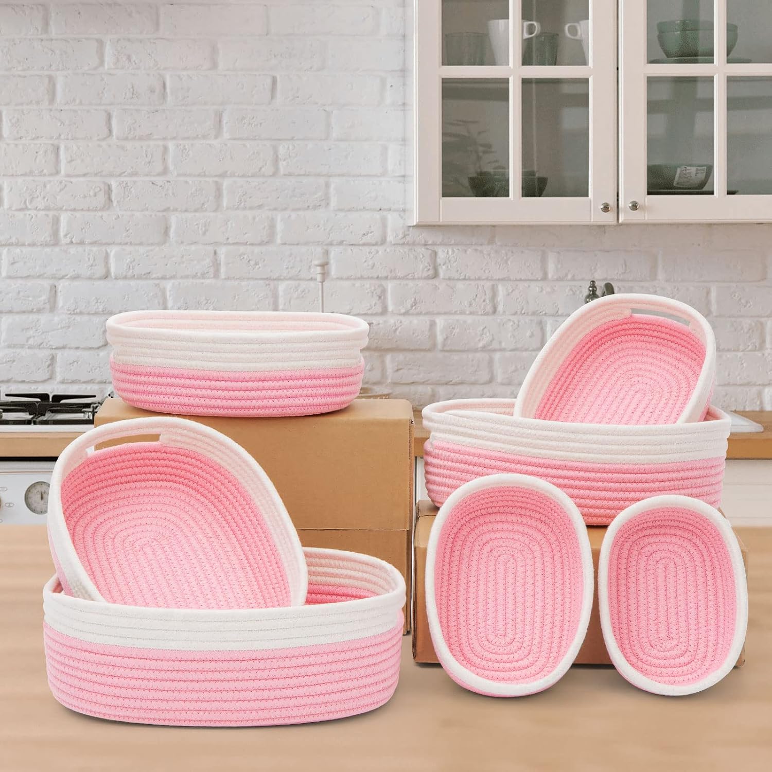 7 Piece Cotton Rope Woven Basket Set / OFF WHITE & PINK