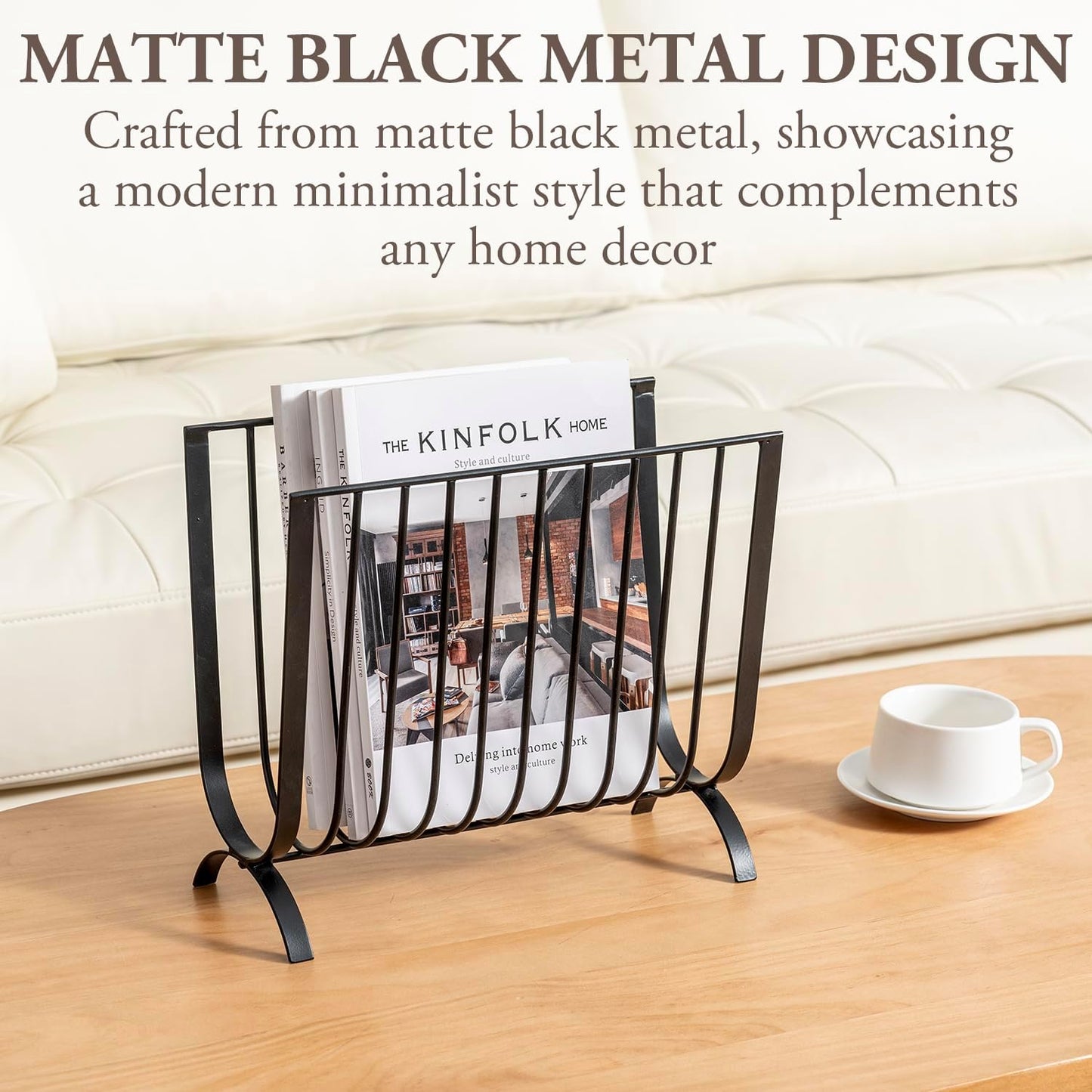 MyGift Matte Black Metal Magazine Rack, Deluxe Mid Century Wire Magazine Rack, Tabletop or Floor Standing Sling Basket