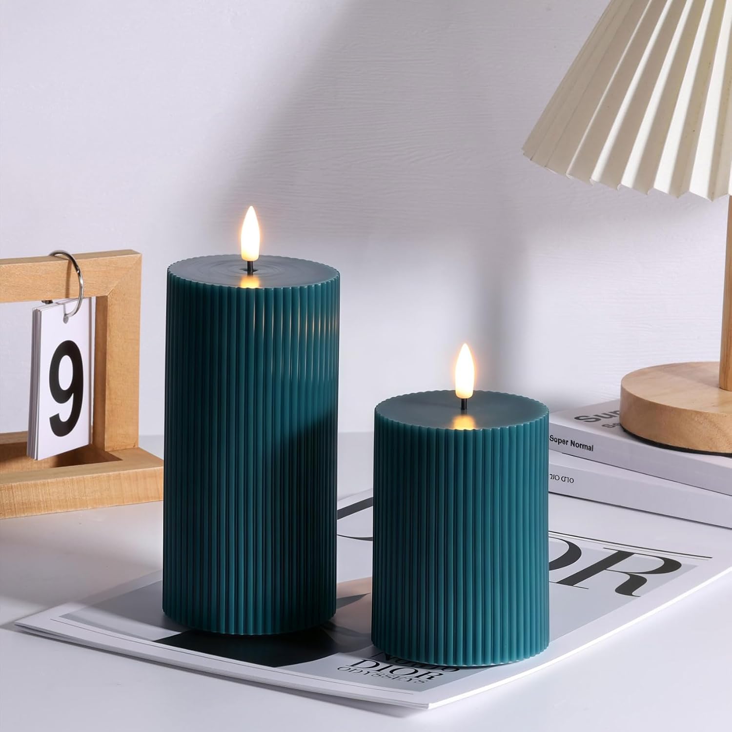 Ribbed Flameless Pillar Candles / Green / Set of 2