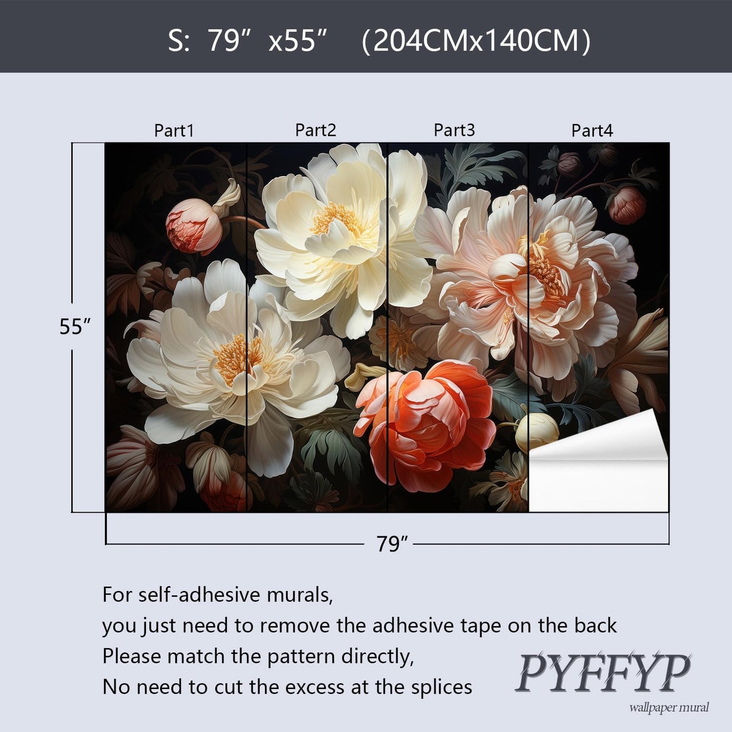 3D Floral Peel and Stick Wallpaper murals / Zz03 / 79 x 55