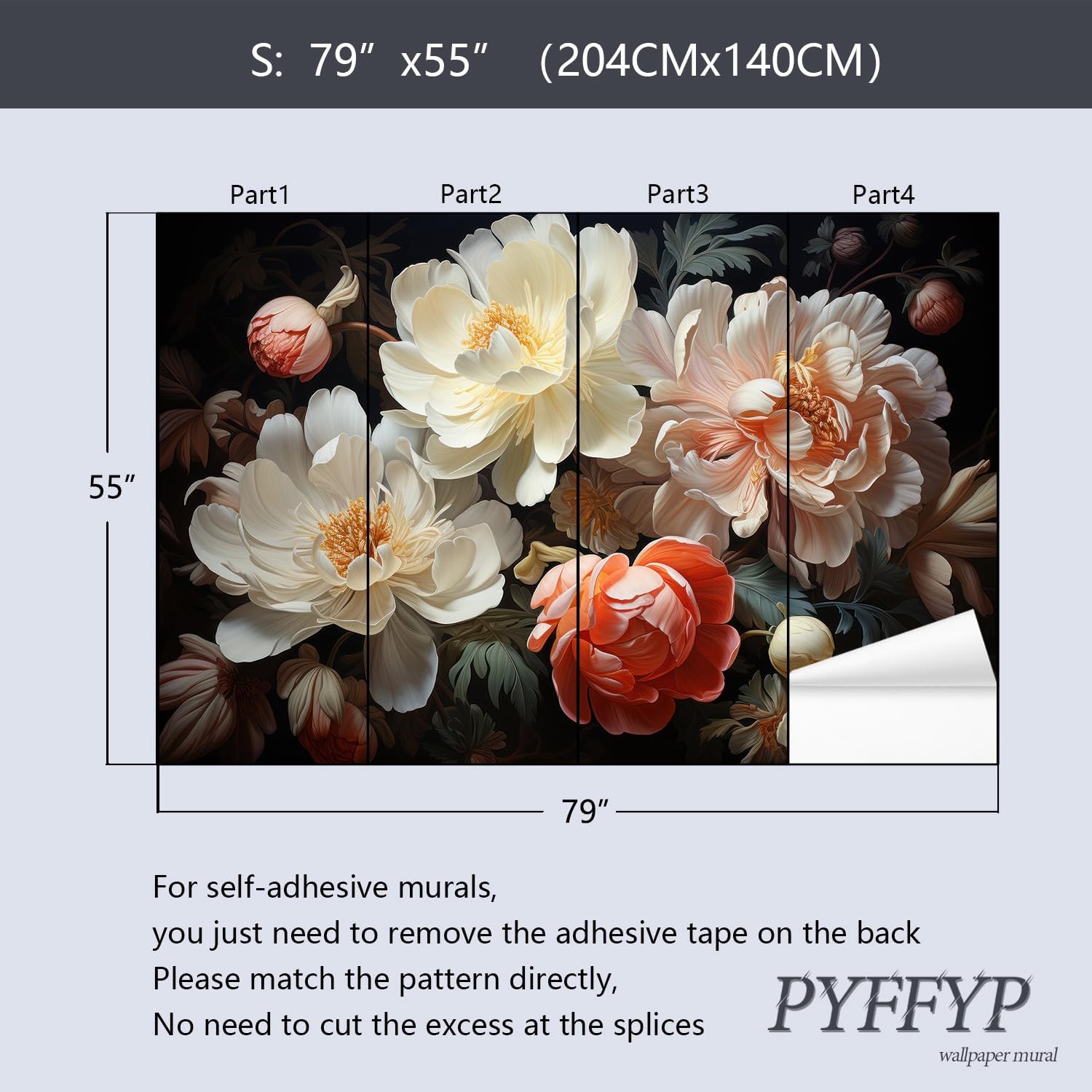 3D Floral Peel and Stick Wallpaper murals / Zz03 / 79 x 55
