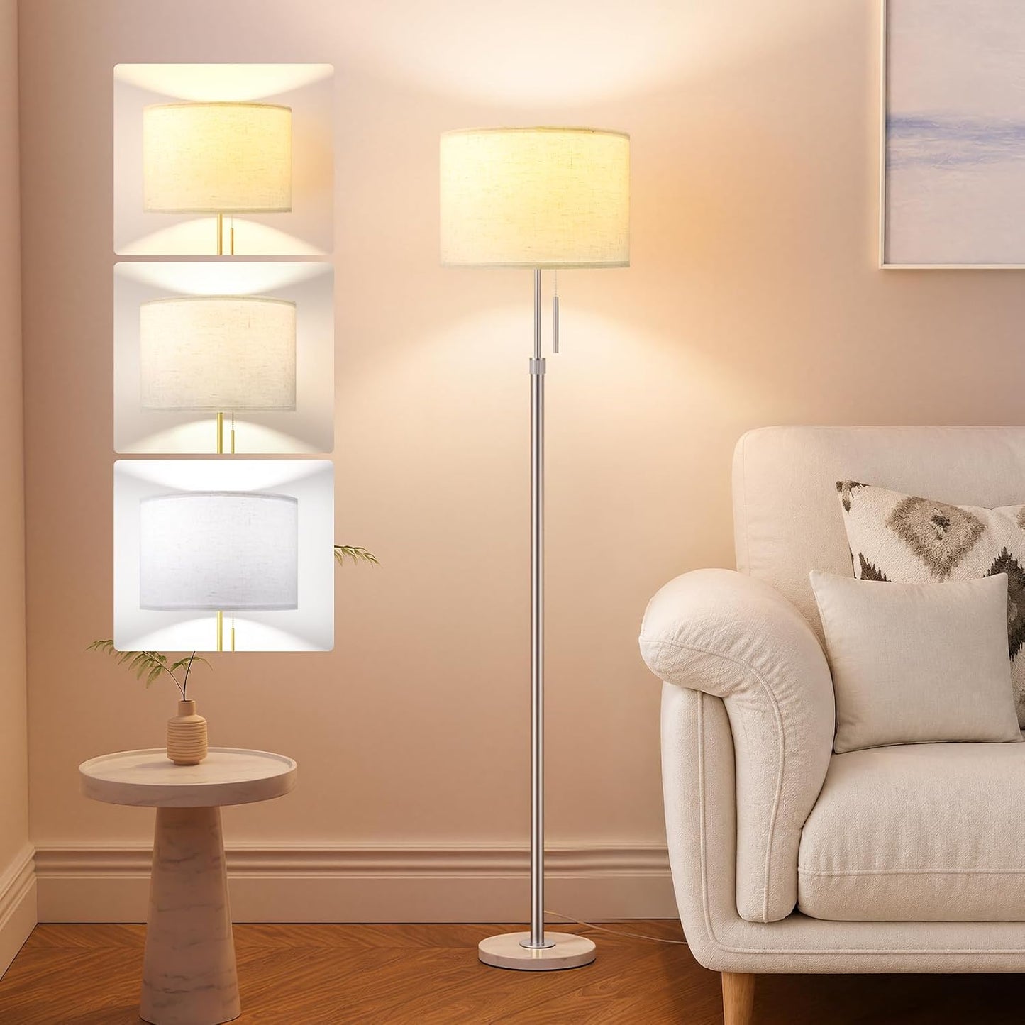 Ambimall Height Adjustable Modern Floor Lamp, Silver & White