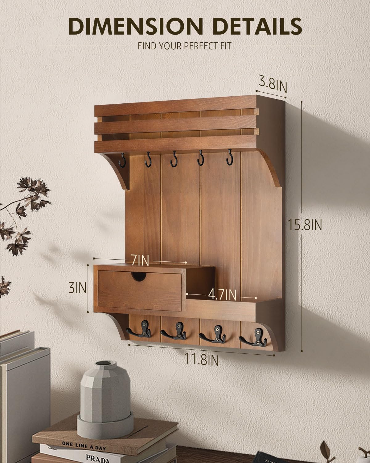 Farmhouse Key Holder Wall Mount / Brown / Small Drawer