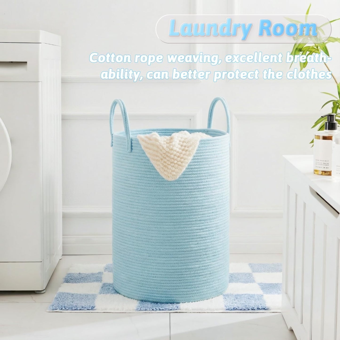 Laundry Basket / Woven Cotton Rope Laundry Hamper / Blue / 60L
