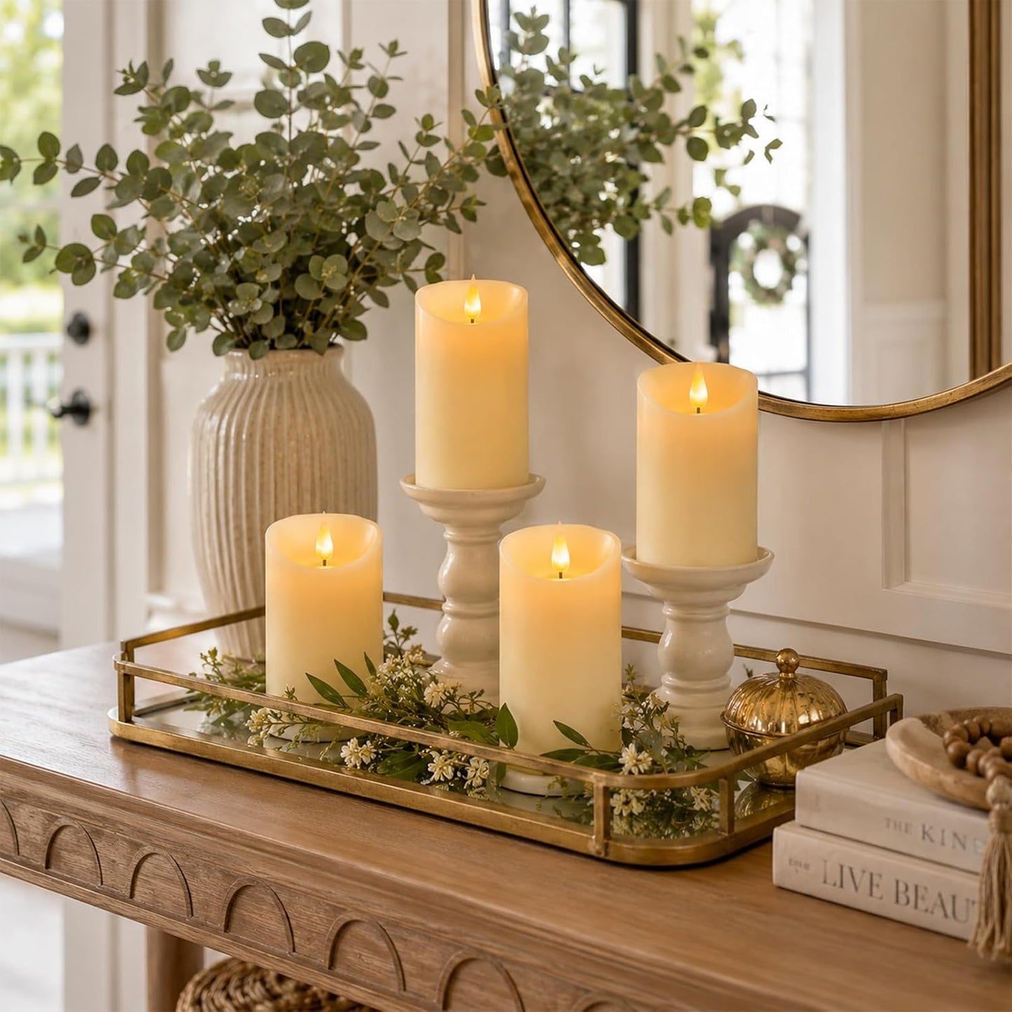Lezonic Rechargeable Flickering Flameless Candles Battery Operated with Remote and Timer, Pack of 3(D 3'' X H