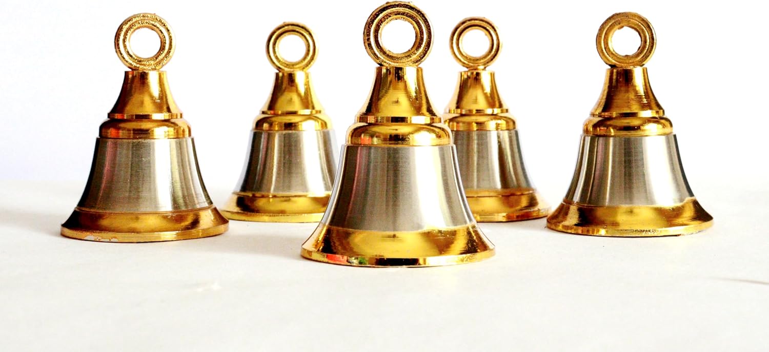 Solid Brass Pooja Bells with J Hook Home Decor Christmas Bell Wall Hanging Jingle Bells Ornaments New (24, Golden &