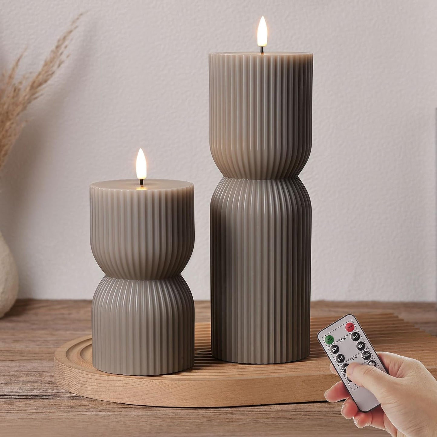 Taupe Ribbed Flameless Pillar Candles with Remote Set of 2