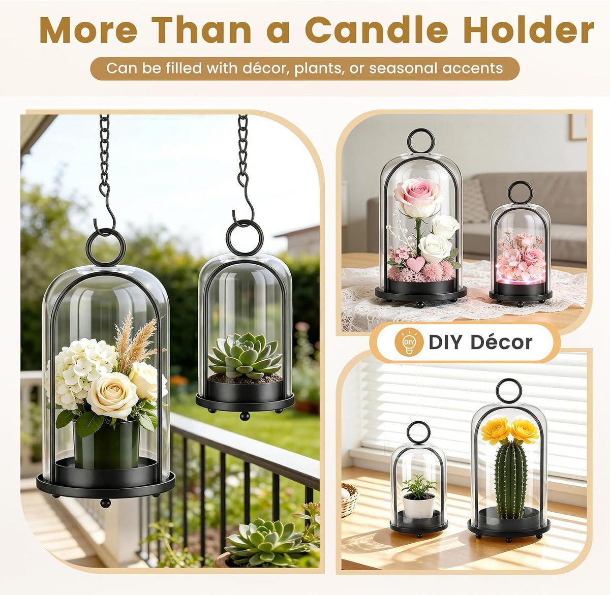 Metal Candle Holder, 5"&4" Wide Hurricane Glass Candle Holders with Handmade Glass Dome, Hanging Candle Lantern for