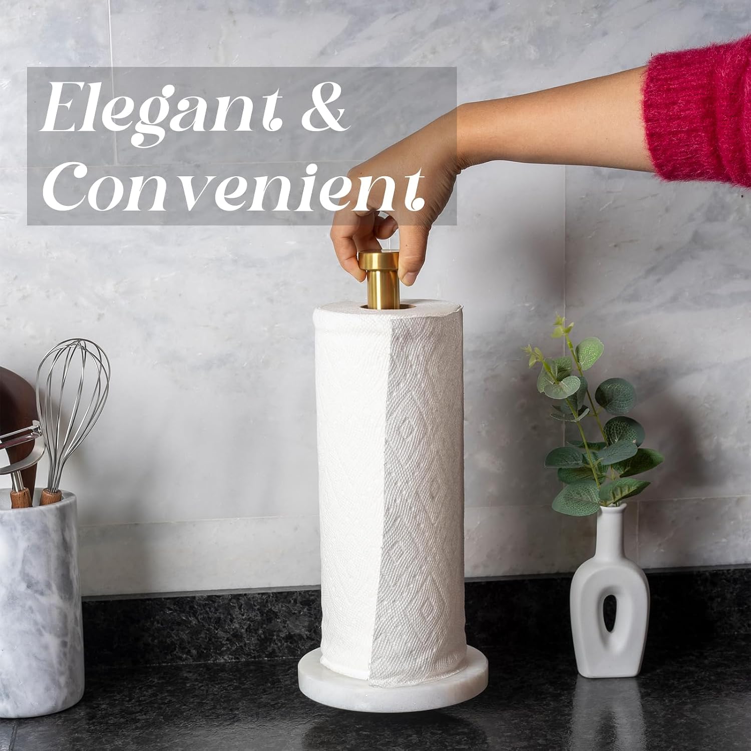 African Genuine Marble Paper Towel Holder Countertop, 6" Stone Base Gold Rod Paper Towel Holder Stand for Kitchen